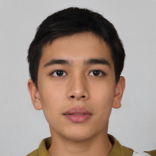 Neutral asian young-adult male with short  brown hair and brown eyes