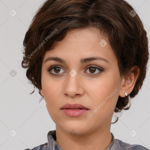 Neutral white young-adult female with medium  brown hair and brown eyes