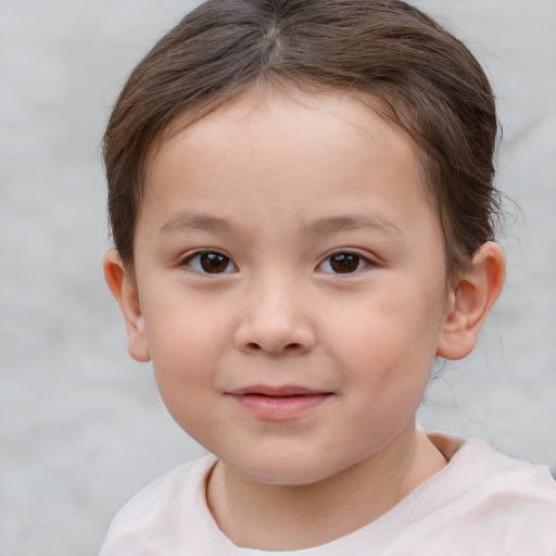 Joyful white child female with short  brown hair and brown eyes