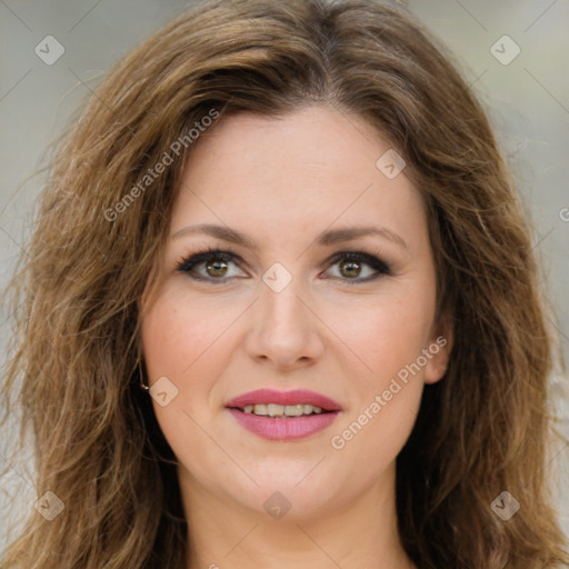 Joyful white young-adult female with long  brown hair and green eyes