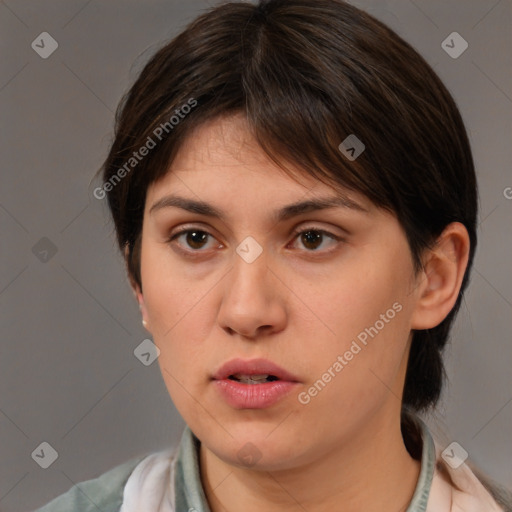 Neutral white young-adult female with medium  brown hair and brown eyes