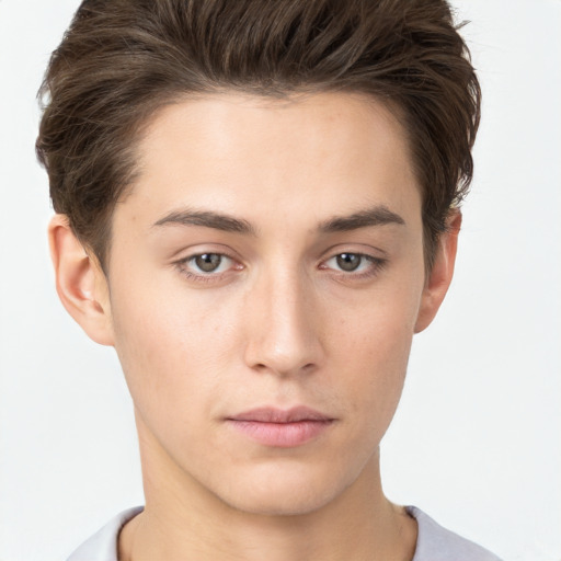 Neutral white young-adult male with short  brown hair and brown eyes