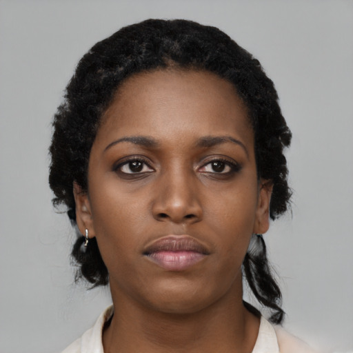 Neutral black young-adult female with medium  black hair and brown eyes