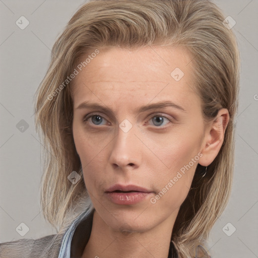 Neutral white young-adult female with medium  brown hair and grey eyes