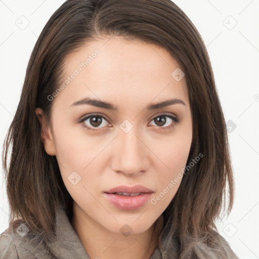 Neutral white young-adult female with long  brown hair and brown eyes