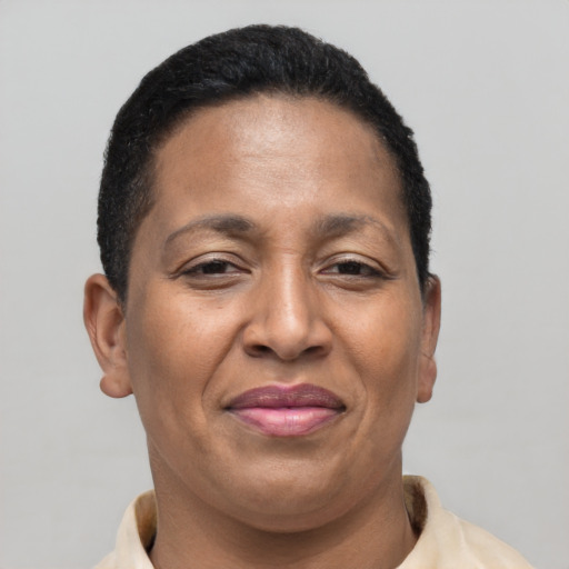 Joyful latino adult female with short  brown hair and brown eyes