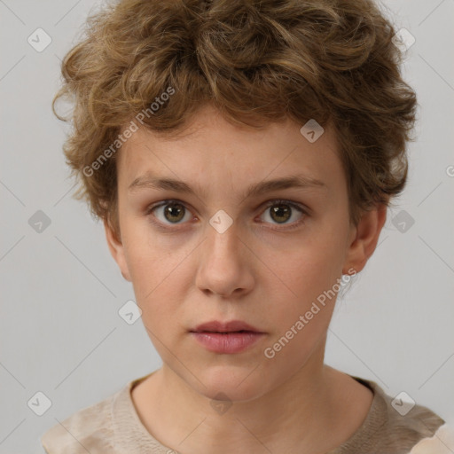 Neutral white young-adult female with short  brown hair and brown eyes