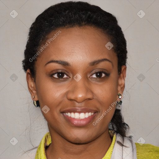 Joyful latino young-adult female with short  black hair and brown eyes