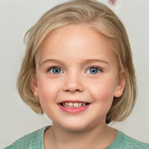 Joyful white child female with medium  brown hair and blue eyes