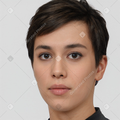 Neutral white young-adult female with short  brown hair and brown eyes