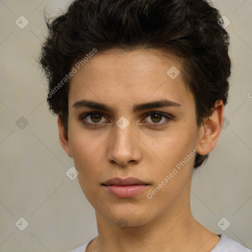 Neutral white young-adult female with short  brown hair and brown eyes