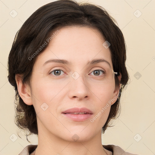 Neutral white young-adult female with medium  brown hair and brown eyes