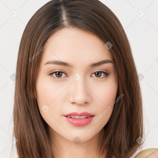 Neutral white young-adult female with long  brown hair and brown eyes