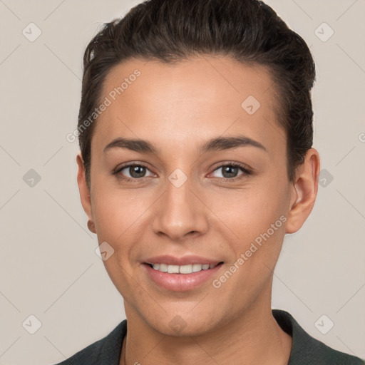 Joyful white young-adult female with short  brown hair and brown eyes