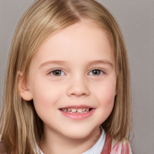 Joyful white child female with medium  brown hair and brown eyes