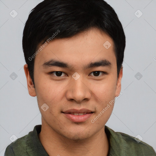 Joyful asian young-adult male with short  black hair and brown eyes