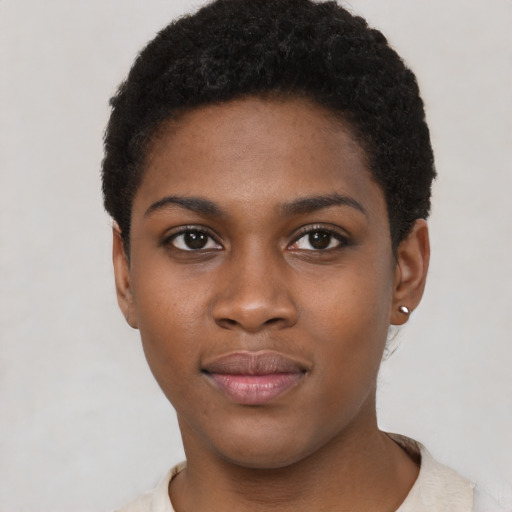 Neutral black young-adult female with short  black hair and brown eyes