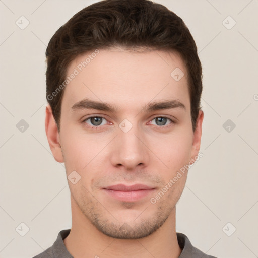 Neutral white young-adult male with short  brown hair and brown eyes