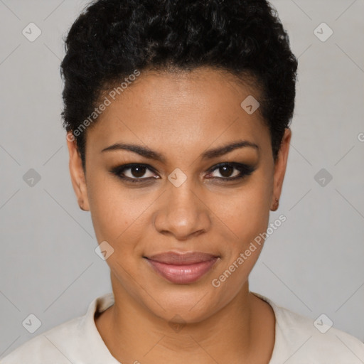 Joyful latino young-adult female with short  black hair and brown eyes