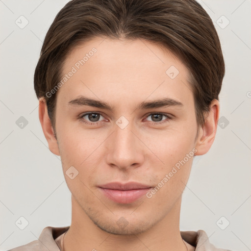 Neutral white young-adult male with short  brown hair and grey eyes