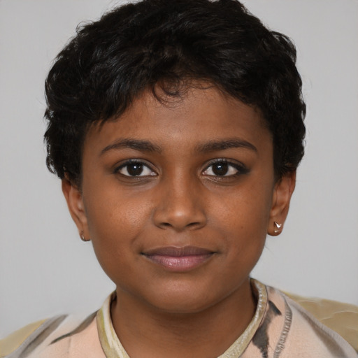 Joyful latino young-adult female with short  brown hair and brown eyes