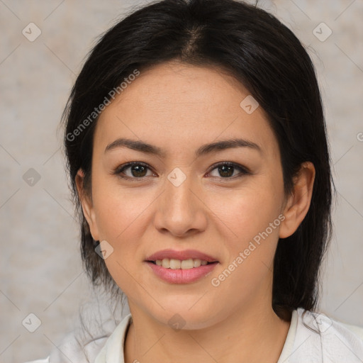 Joyful asian young-adult female with medium  brown hair and brown eyes