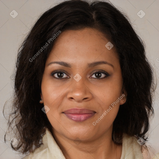 Joyful black young-adult female with medium  brown hair and brown eyes