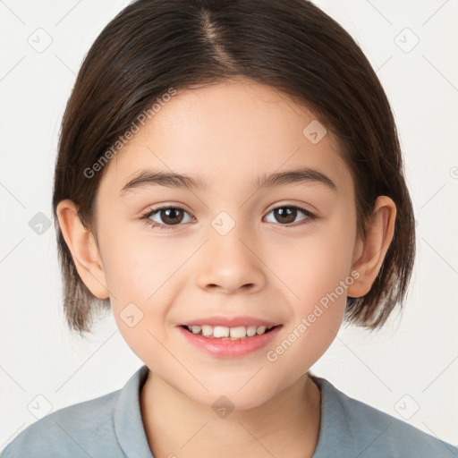 Joyful white child female with medium  brown hair and brown eyes