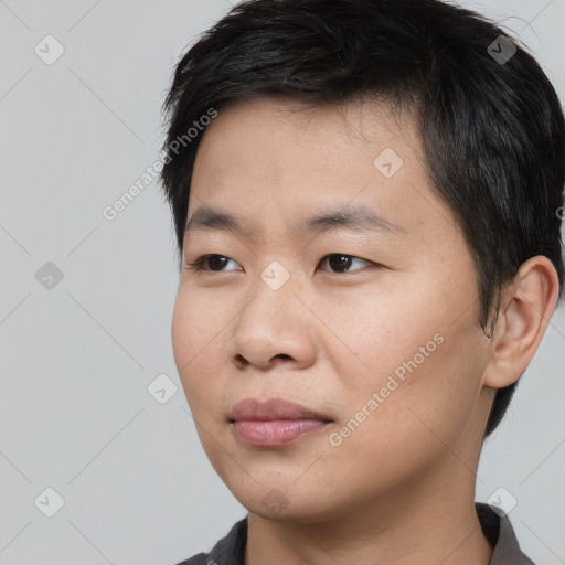 Neutral asian young-adult male with short  black hair and brown eyes