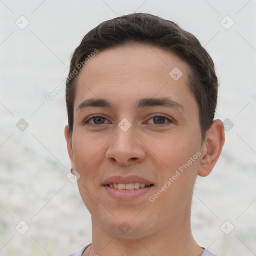 Joyful white young-adult female with short  brown hair and brown eyes