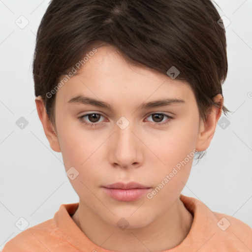 Neutral white young-adult female with short  brown hair and brown eyes