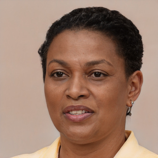 Joyful black adult female with short  brown hair and brown eyes
