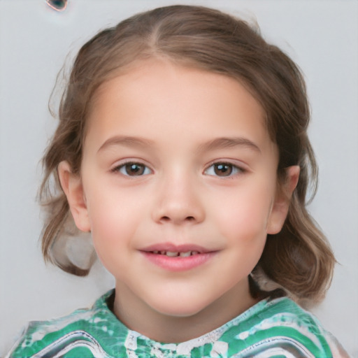 Joyful white child female with medium  brown hair and grey eyes