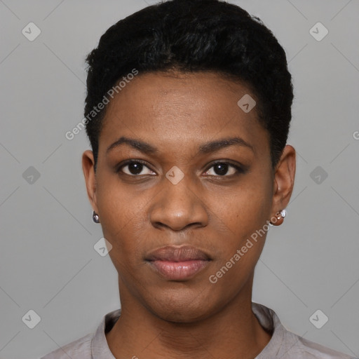 Neutral black young-adult female with short  black hair and brown eyes