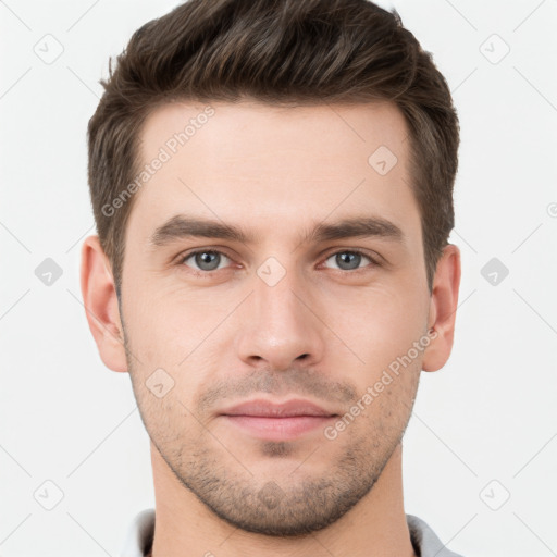 Neutral white young-adult male with short  brown hair and brown eyes