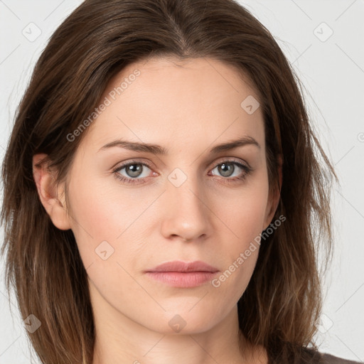 Neutral white young-adult female with long  brown hair and grey eyes