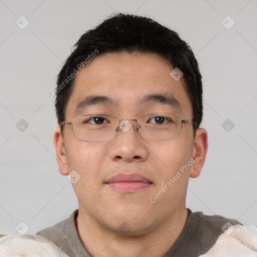 Neutral asian young-adult male with short  brown hair and brown eyes