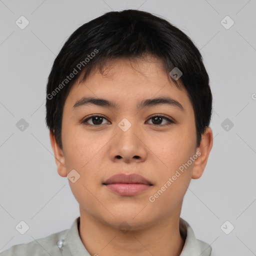 Neutral asian young-adult female with short  black hair and brown eyes