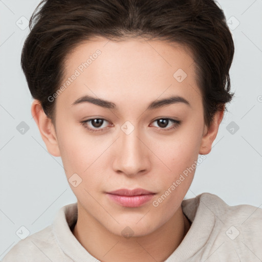 Neutral white young-adult female with medium  brown hair and brown eyes