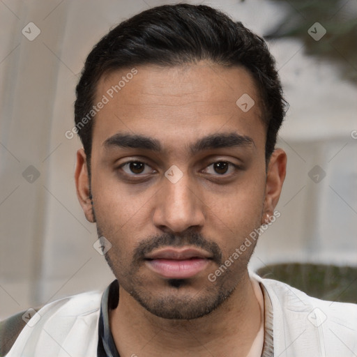 Neutral white young-adult male with short  black hair and brown eyes