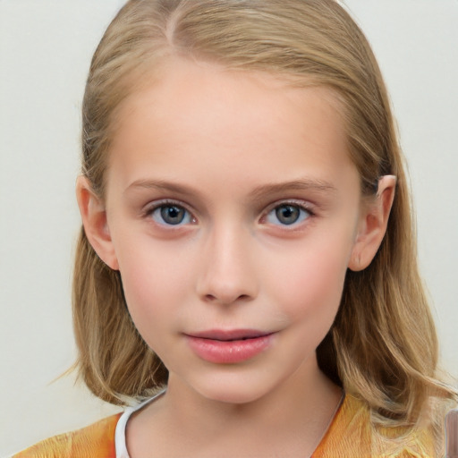 Neutral white child female with medium  brown hair and grey eyes