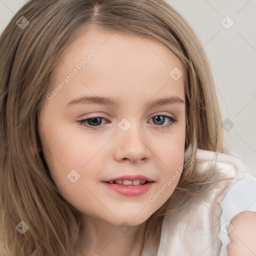 Joyful white child female with long  brown hair and brown eyes