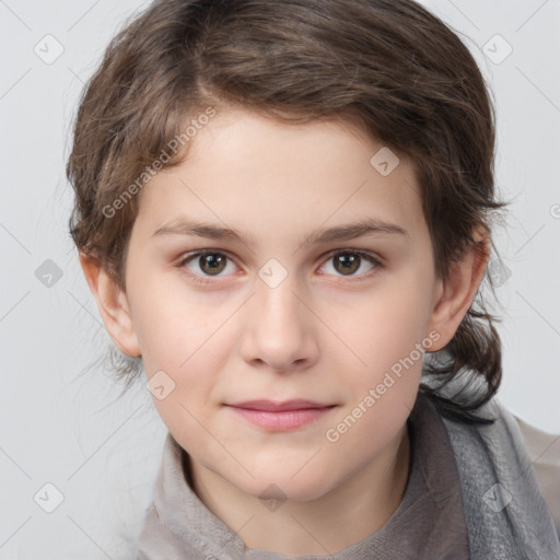 Joyful white child female with medium  brown hair and brown eyes