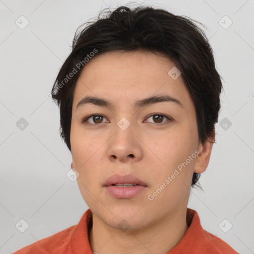 Neutral asian young-adult female with short  brown hair and brown eyes