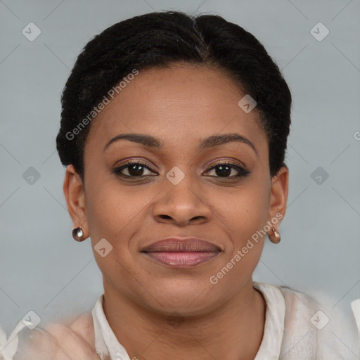 Joyful black young-adult female with short  brown hair and brown eyes