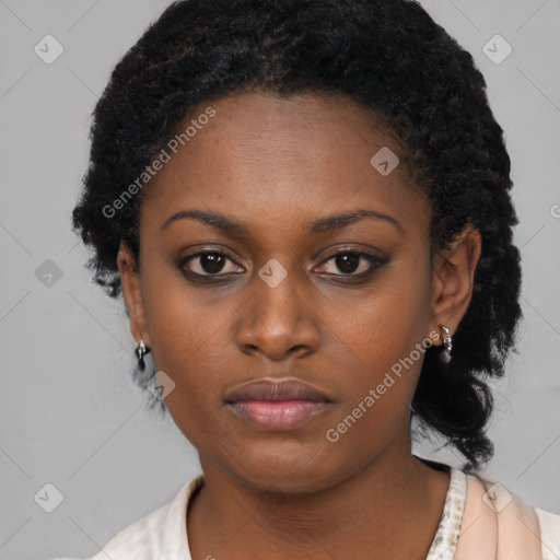 Neutral black young-adult female with short  black hair and brown eyes