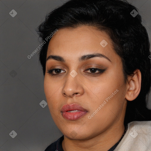 Joyful latino young-adult female with long  brown hair and brown eyes