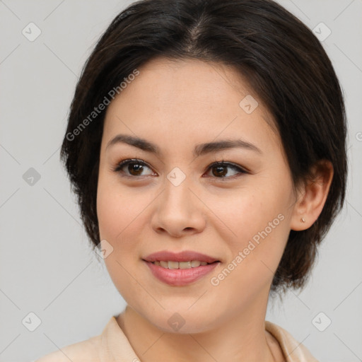 Joyful white young-adult female with medium  brown hair and brown eyes