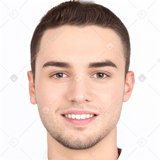 Joyful white young-adult male with short  brown hair and brown eyes