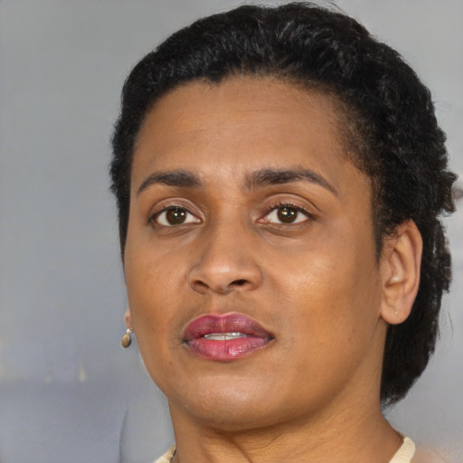 Joyful black young-adult female with short  brown hair and brown eyes